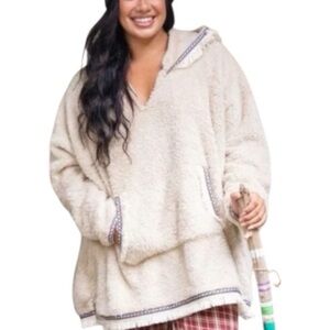 Natural Life Oversized Teddy Blanket Hoodie Pullover Cream Fringe Trim OSFM
